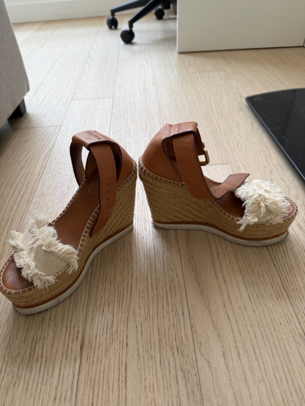 See By Chloe Brown and Cream Wedge Espadrille Sandals